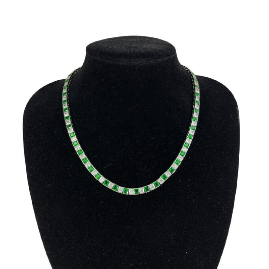 WHITE GOLD FINISH Square Cut Green Emerald With Created Diamond Necklace