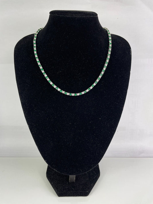 WHITE GOLD FINISH Round Cut With Created Diamond and Green Emerald Necklace (17 INCH)