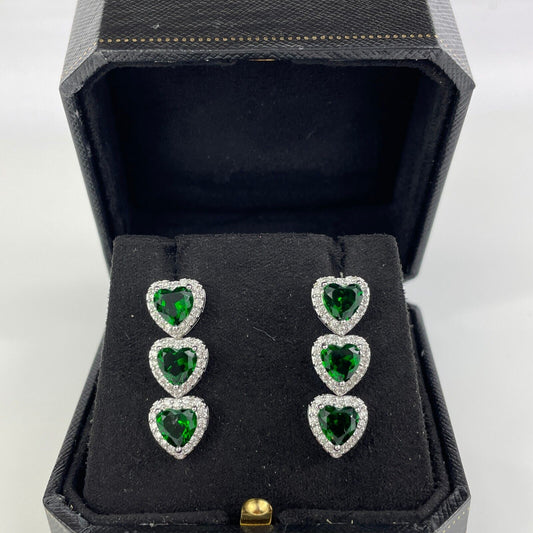 WHITE GOLD FINISH Green Emerald Heart Cut With Created Diamond Dangle Earrings