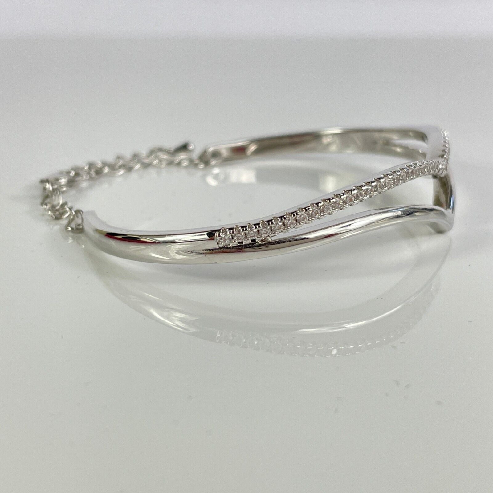 WHITE GOLD FINISH Bow Arch Created Diamond Bangle