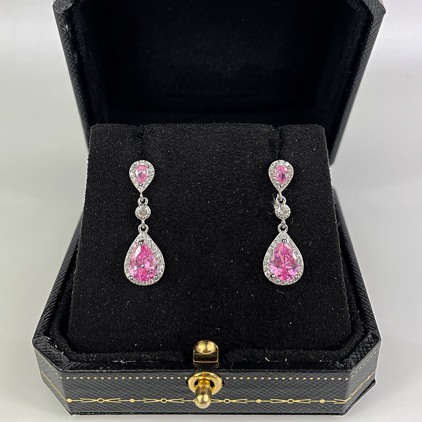 WHITE GOLD FINISH Pink Tourmaline Pear Cut CD Dangle Jewellery Set