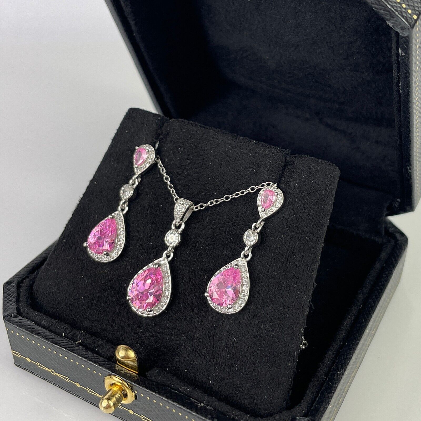 WHITE GOLD FINISH Pink Tourmaline Pear Cut CD Dangle Jewellery Set