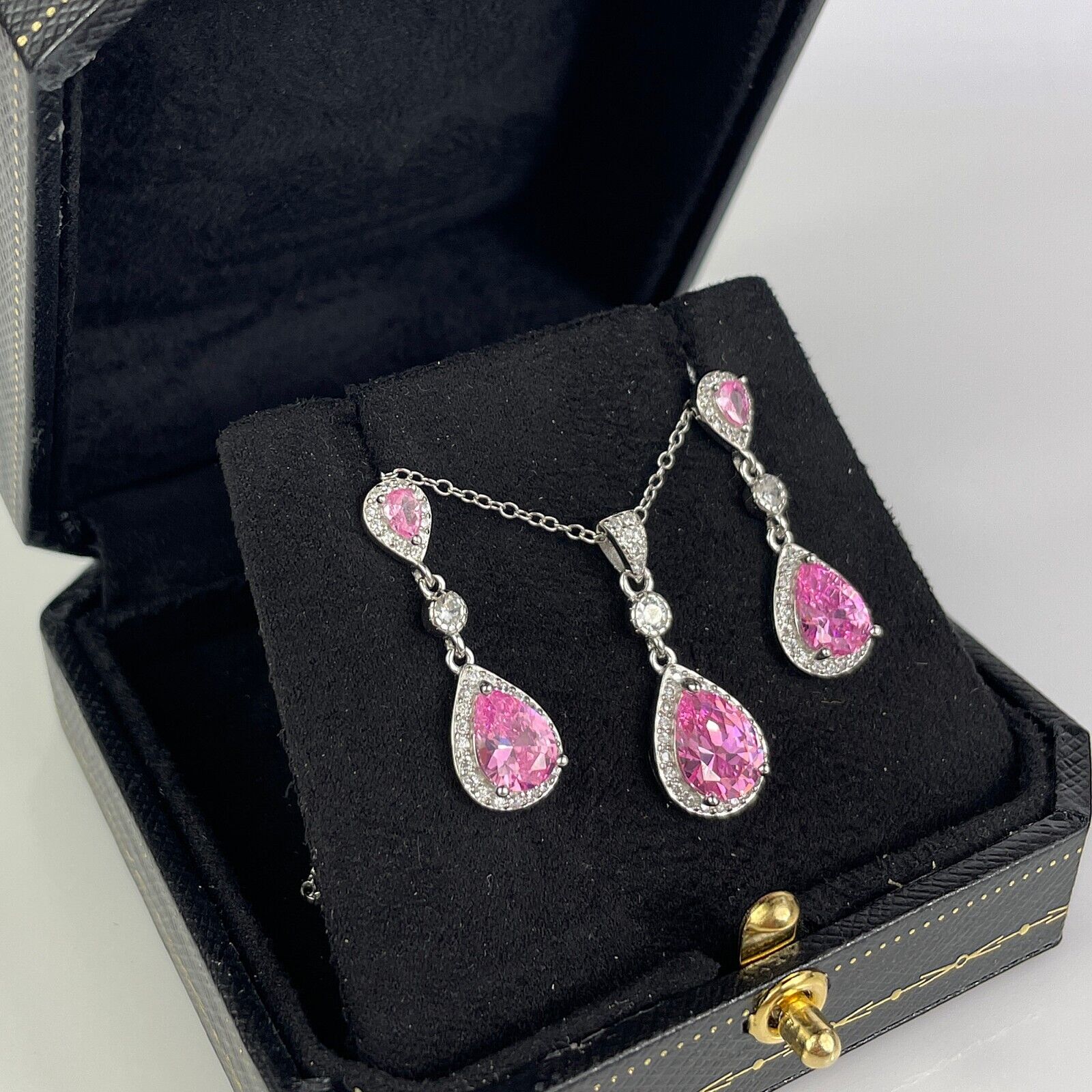 WHITE GOLD FINISH Pink Tourmaline Pear Cut CD Dangle Jewellery Set