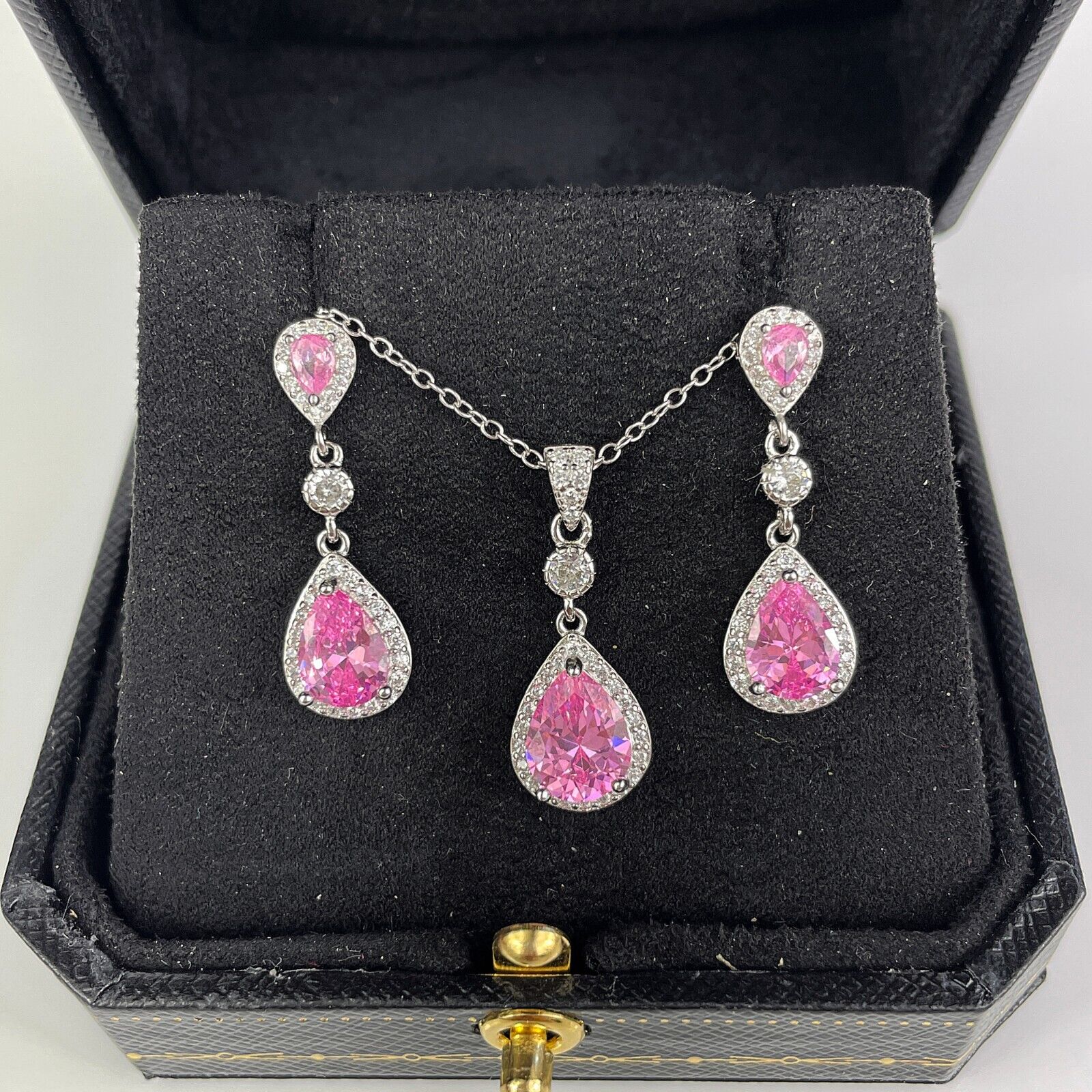 WHITE GOLD FINISH Pink Tourmaline Pear Cut CD Dangle Jewellery Set