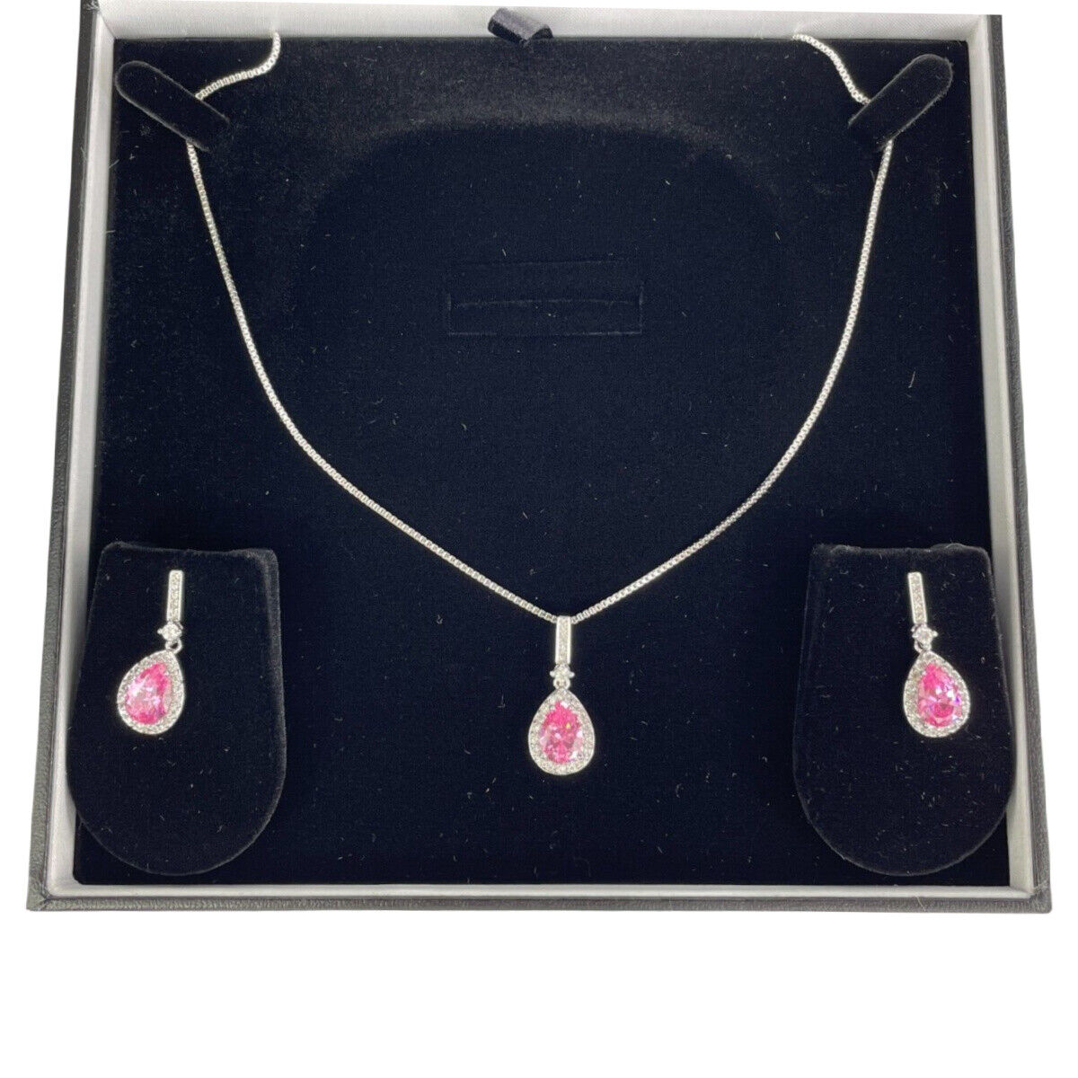 WHITE GOLD FINISH Pink Tourmaline With Created Diamond Necklace and Earrings Set