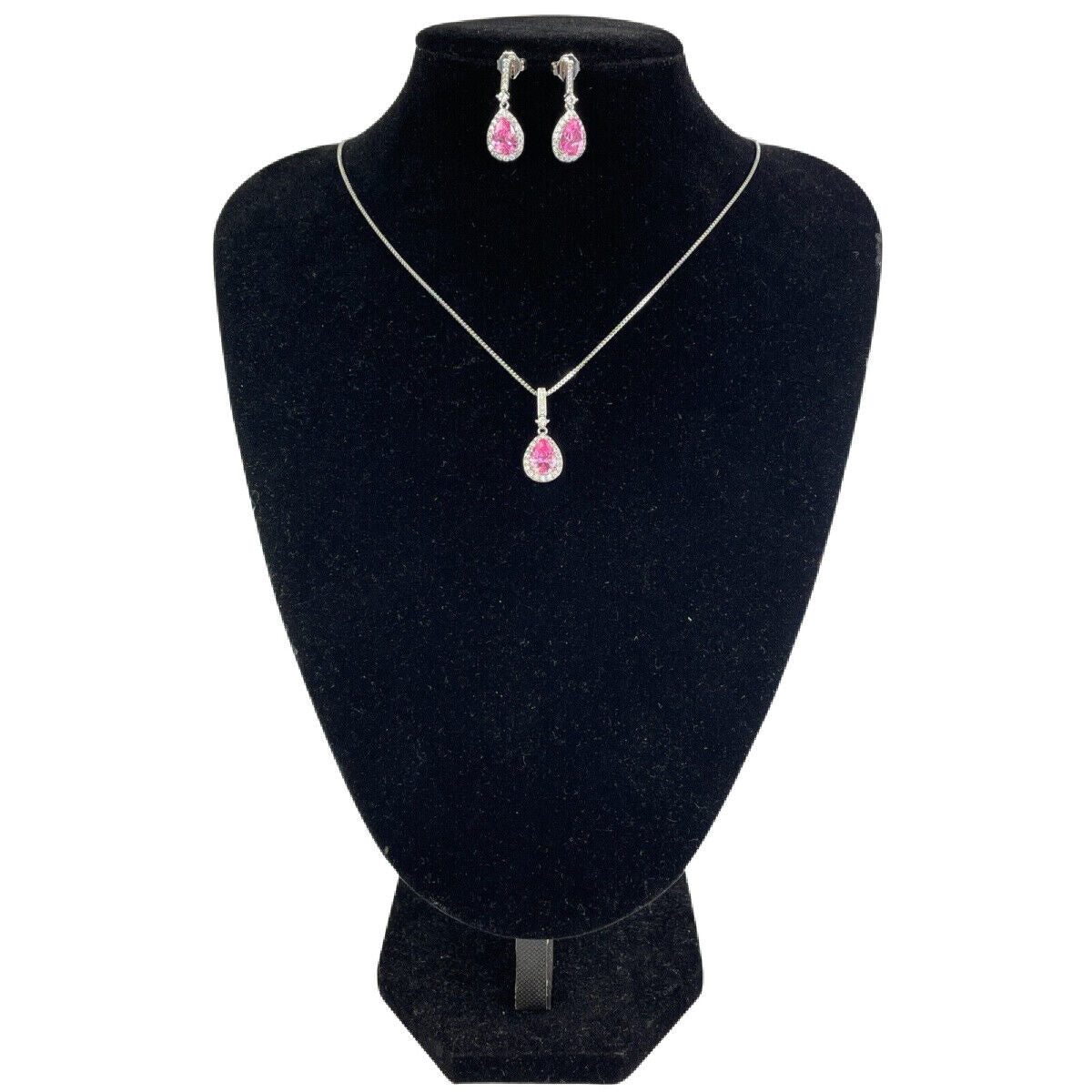 WHITE GOLD FINISH Pink Tourmaline With Created Diamond Necklace and Earrings Set