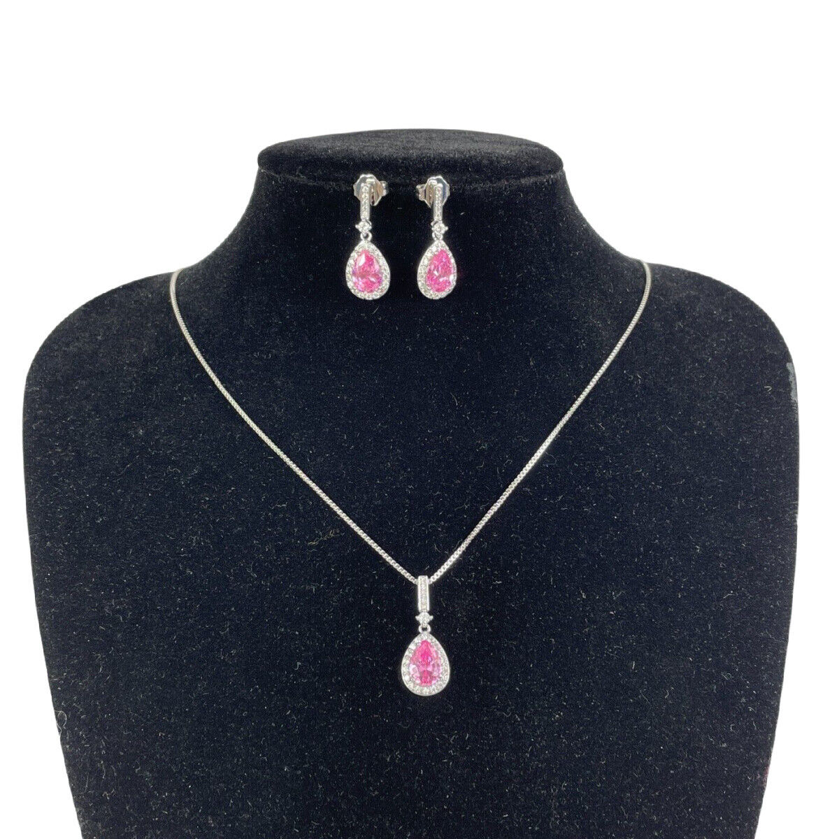 WHITE GOLD FINISH Pink Tourmaline With Created Diamond Necklace and Earrings Set