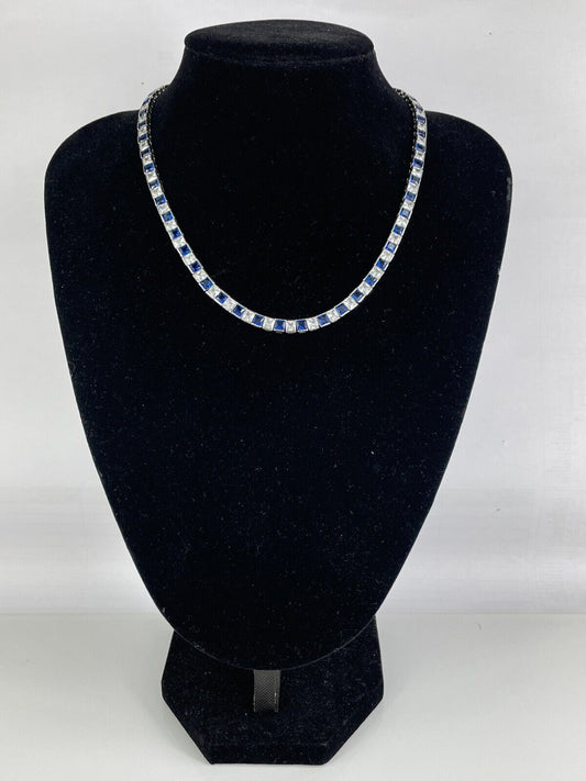 WHITE GOLD FINISH Square Cut Blue Sapphire With Created Diamond Necklace