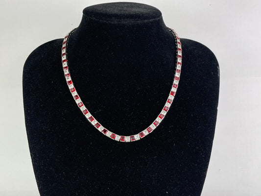 WHITE GOLD FINISH Square Cut Red Ruby and Created Diamond Necklace