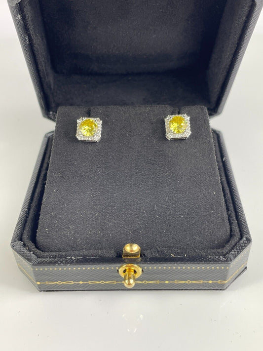 WHITE GOLD FINISH Round Cut Yellow Citrine with Created Diamond Stud Earrings