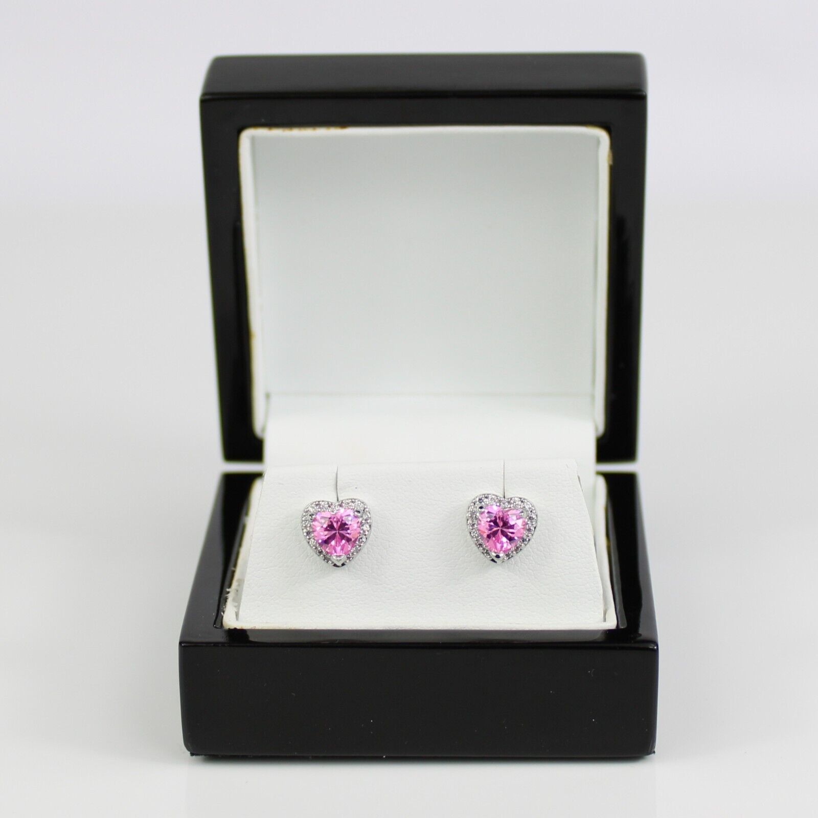 WHITE GOLD FINISH Pink Tourmaline Heart Cut Created Diamond Stud Earrings