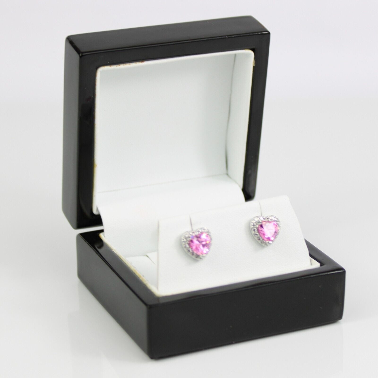 WHITE GOLD FINISH Pink Tourmaline Heart Cut Created Diamond Stud Earrings