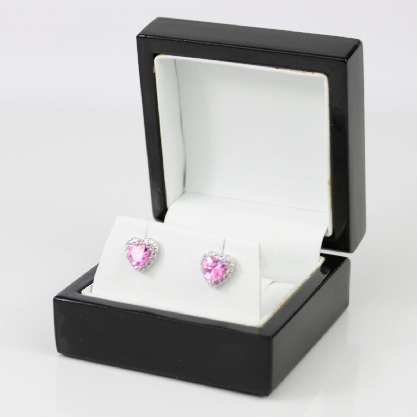 WHITE GOLD FINISH Pink Tourmaline Heart Cut Created Diamond Stud Earrings