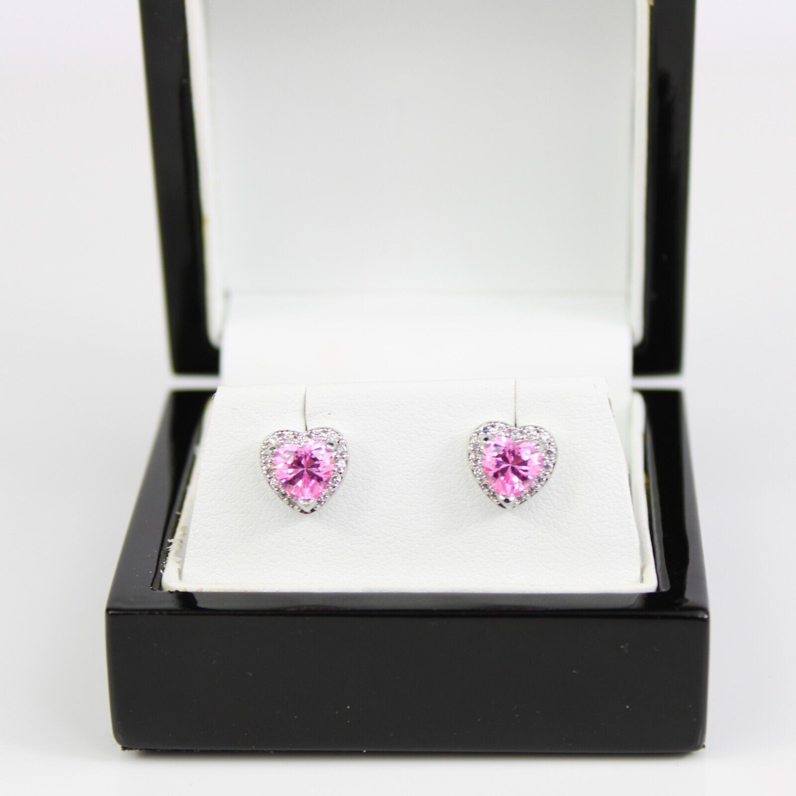 WHITE GOLD FINISH Pink Tourmaline Heart Cut Created Diamond Stud Earrings