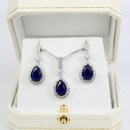 White Gold Finish Blue Sapphire Pear Cut Created Diamond Dangle Jewellery Set | Elegant Necklace & Earrings Set