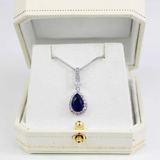 White Gold Finish Blue Sapphire Pear Cut Necklace with Created Diamonds | Elegant Pendant Jewellery