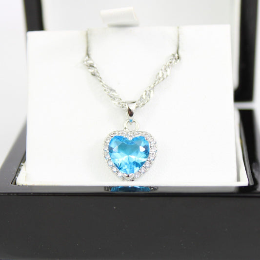 White Gold Finish Heart-Cut Blue Topaz Necklace with Created Diamonds – Elegant & Trendy Jewellery Gift