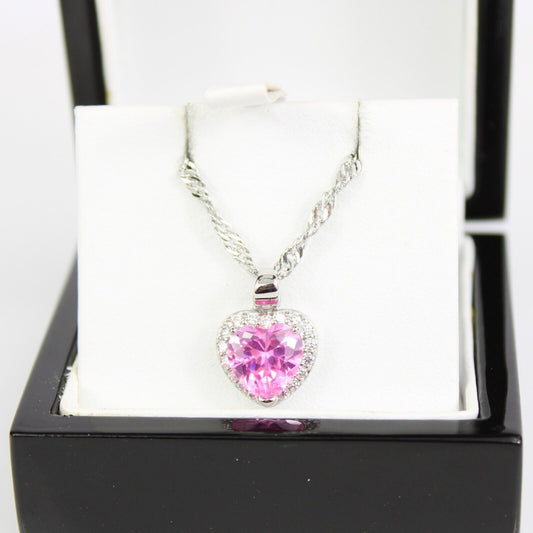 WHITE GOLD FINISH Heart Cut Pink Tourmaline With Created Diamond Necklace