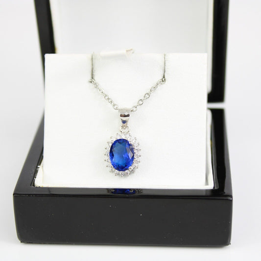 WHITE GOLD FINISH Blue Sapphire Oval Cut Flower Cluster Created Diamond Necklace