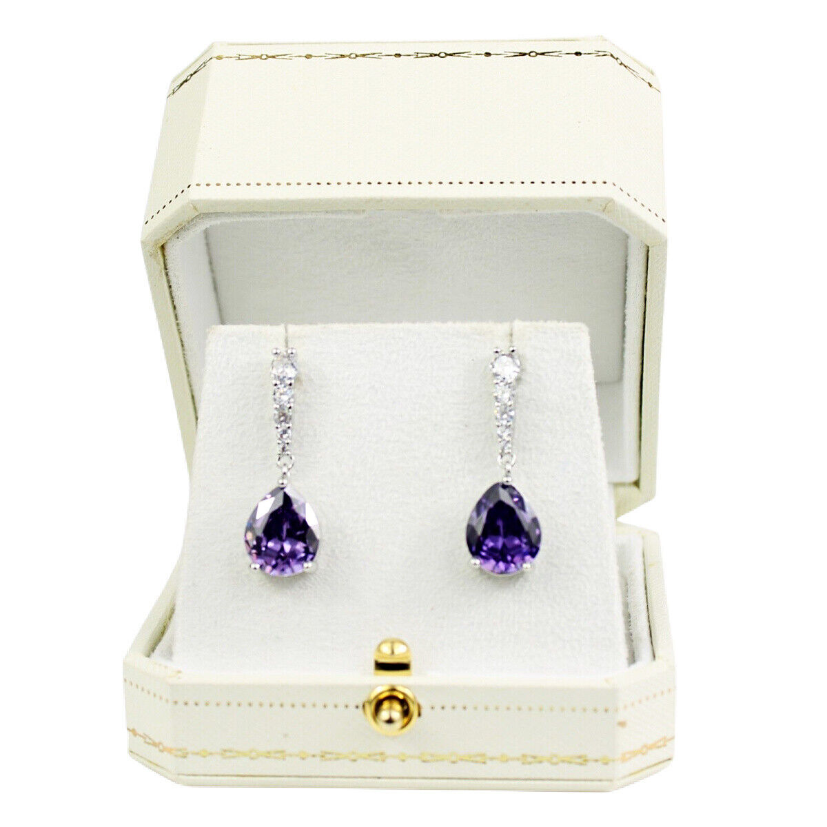 WHITE GOLD FINISH Purple Amethyst Teardrop With Created Diamond Dangle Earrings