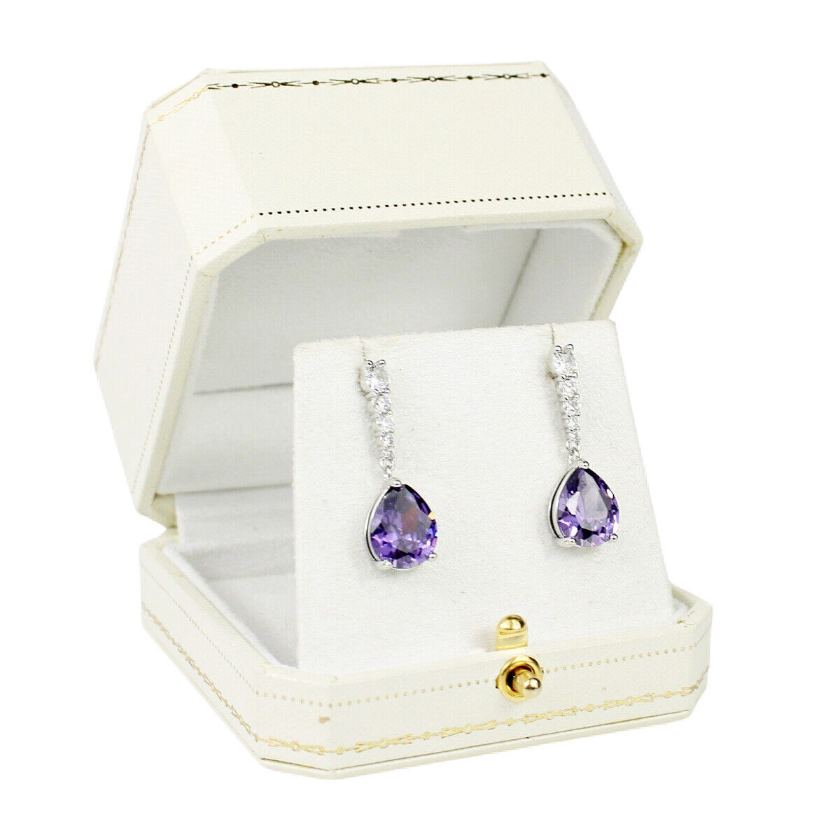 WHITE GOLD FINISH Purple Amethyst Teardrop With Created Diamond Dangle Earrings