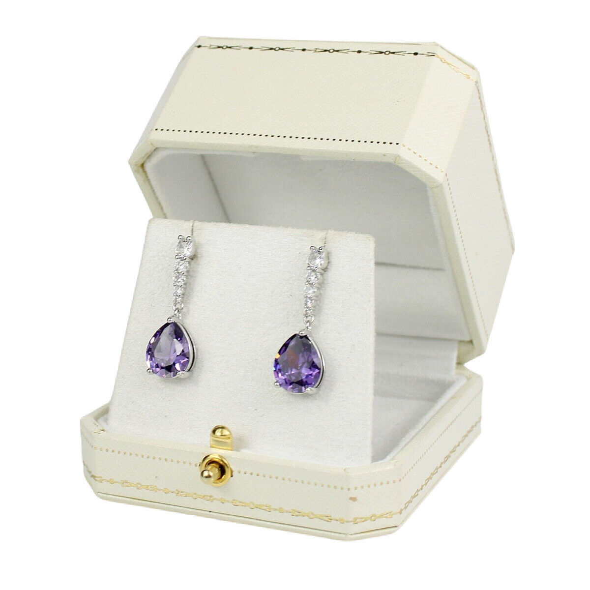 WHITE GOLD FINISH Purple Amethyst Teardrop With Created Diamond Dangle Earrings