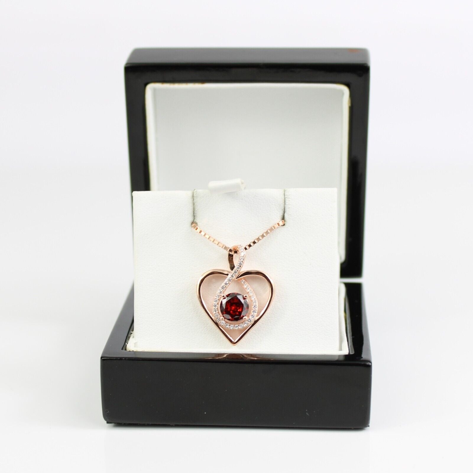 ROSE GOLD FINISH Red Ruby Heart Cut Infinity Swirl CD Necklace