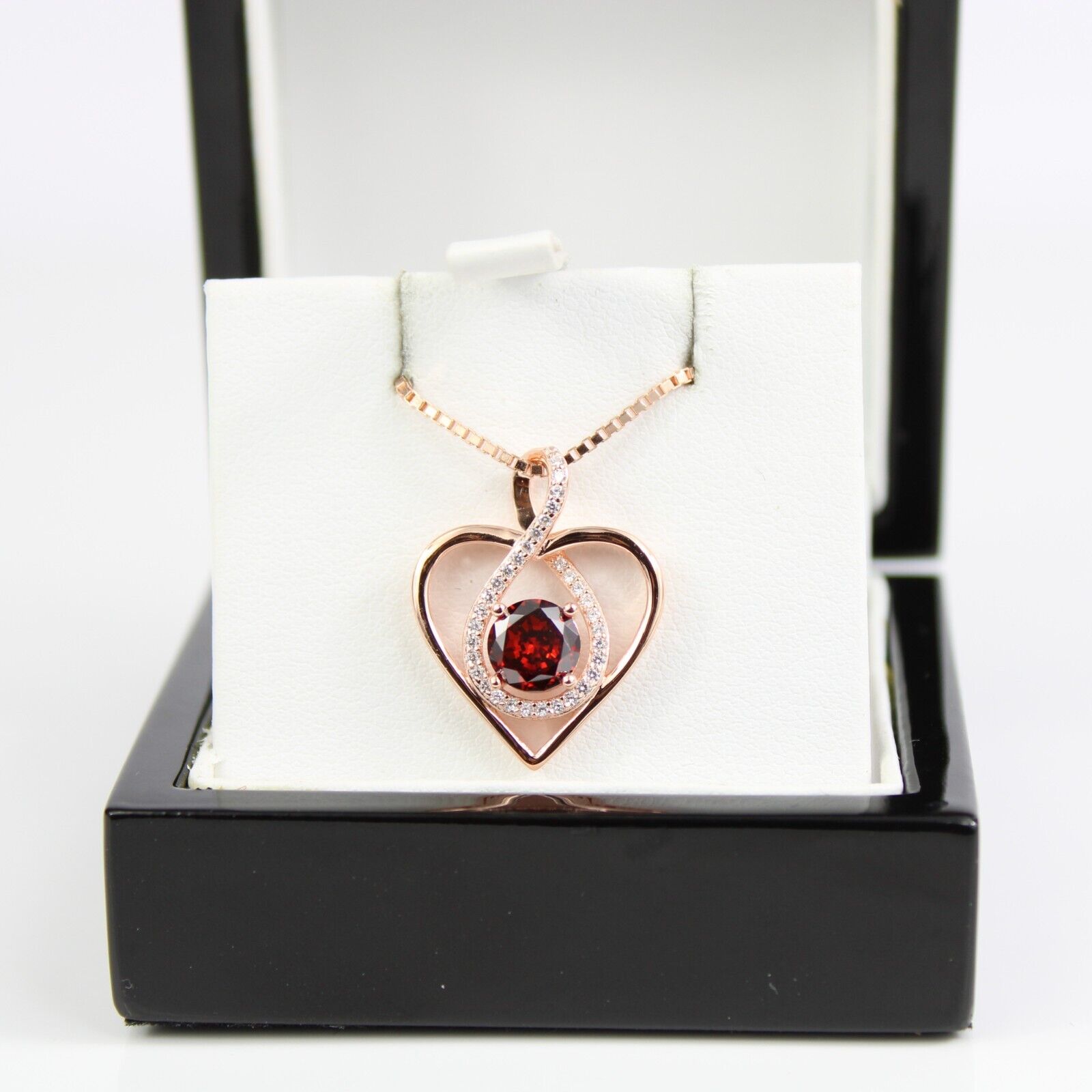 ROSE GOLD FINISH Red Ruby Heart Cut Infinity Swirl CD Necklace