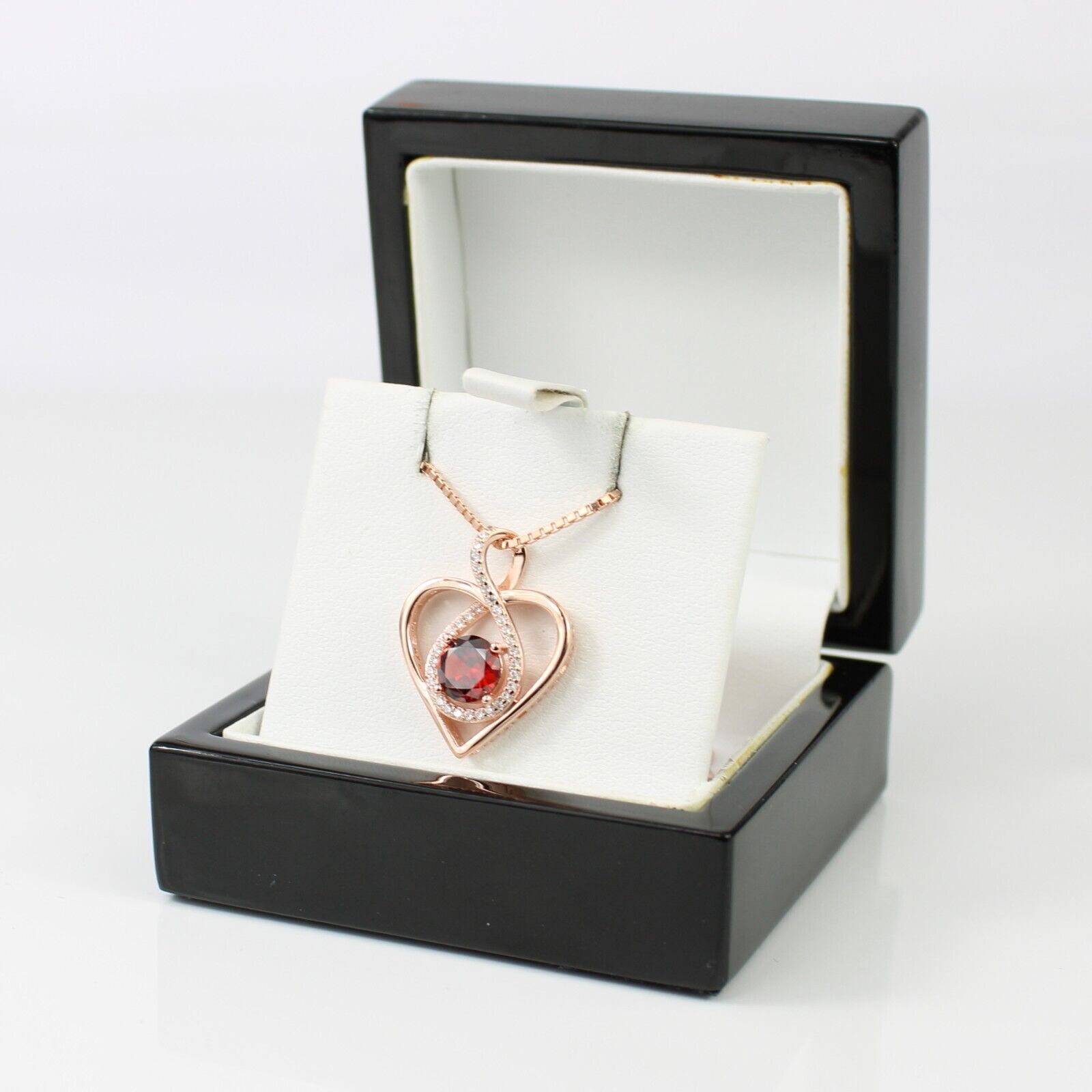 ROSE GOLD FINISH Red Ruby Heart Cut Infinity Swirl CD Necklace