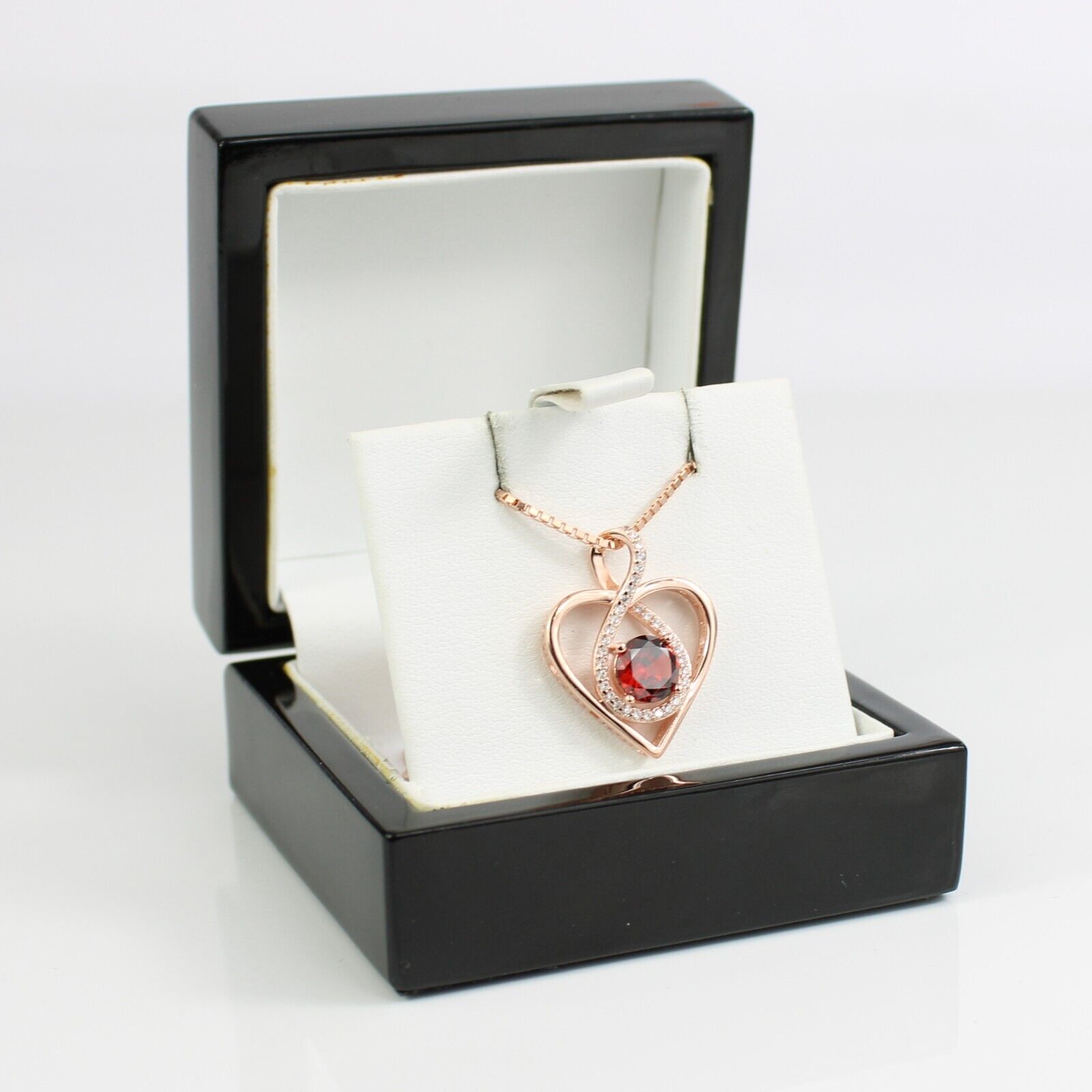 ROSE GOLD FINISH Red Ruby Heart Cut Infinity Swirl CD Necklace