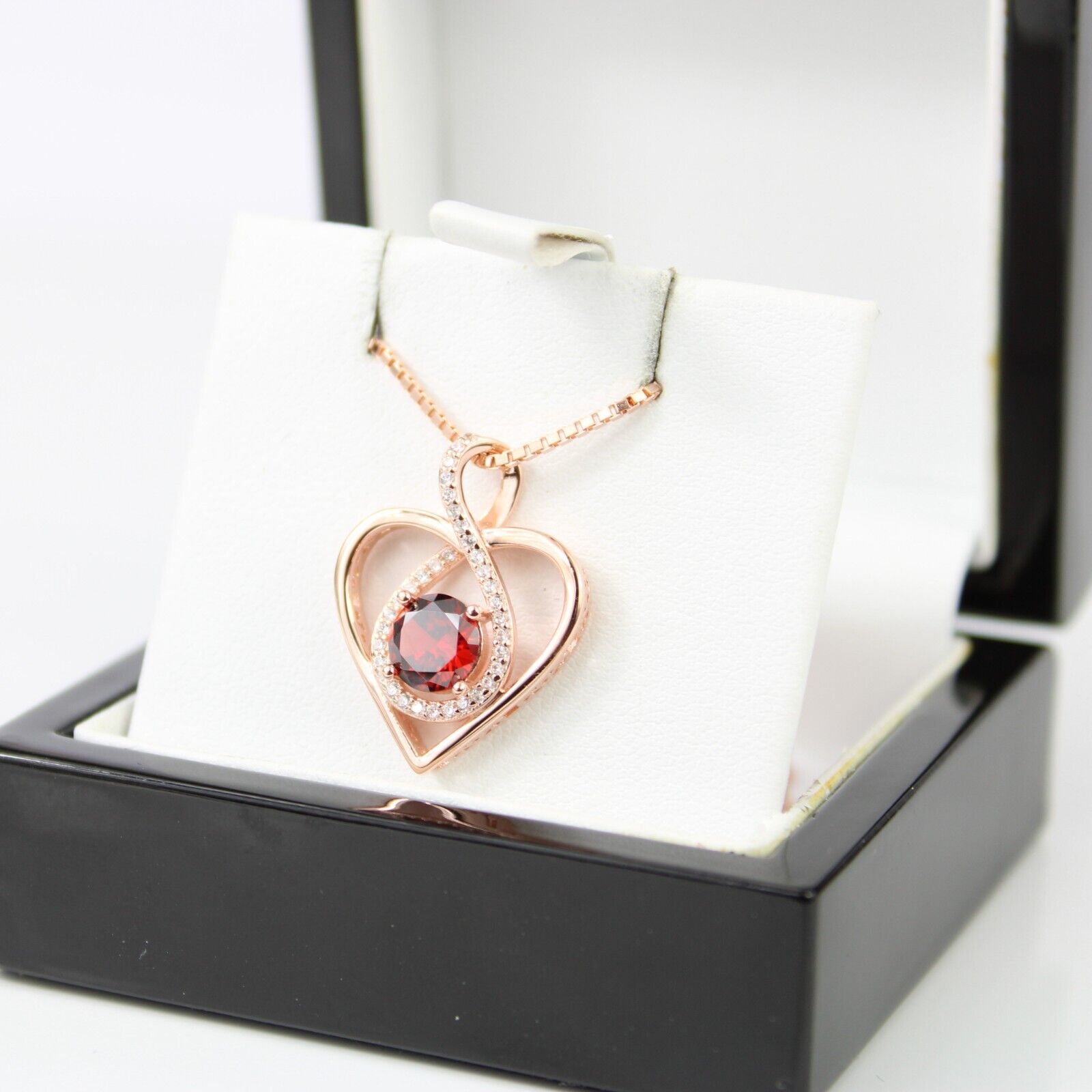 ROSE GOLD FINISH Red Ruby Heart Cut Infinity Swirl CD Necklace