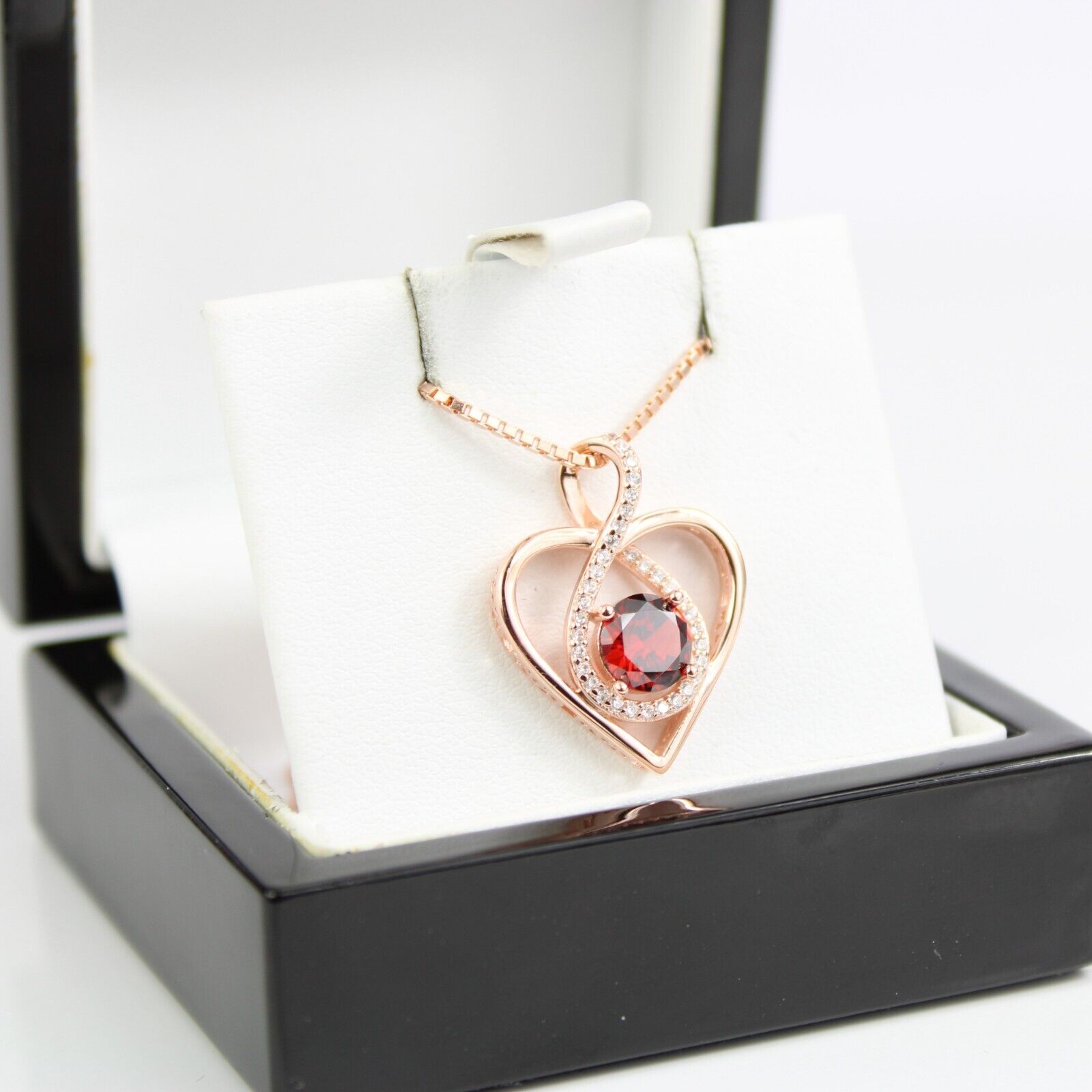 ROSE GOLD FINISH Red Ruby Heart Cut Infinity Swirl CD Necklace