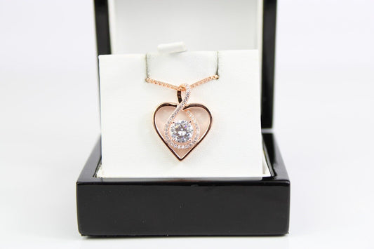 ROSE GOLD FINISH Clear Heart Cut Infinity Swirl CD Necklace