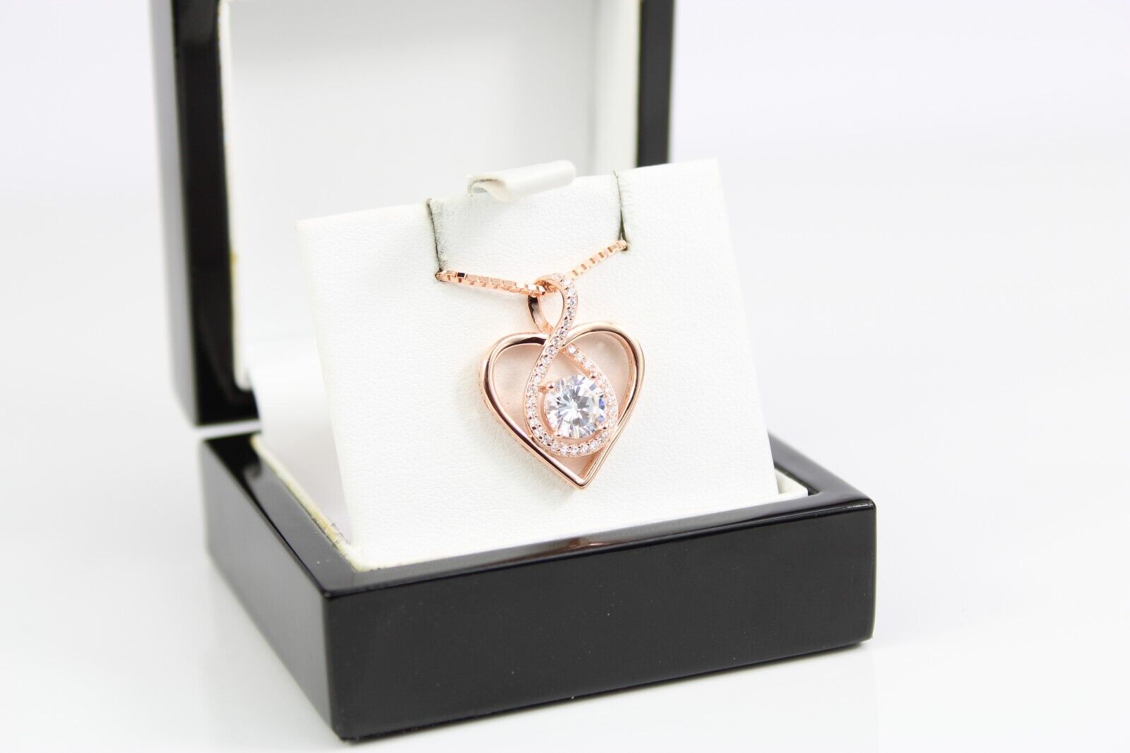 ROSE GOLD FINISH Clear Heart Cut Infinity Swirl CD Necklace