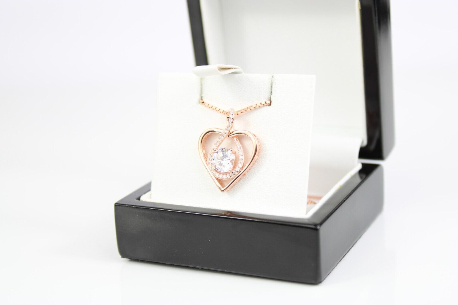 ROSE GOLD FINISH Clear Heart Cut Infinity Swirl CD Necklace