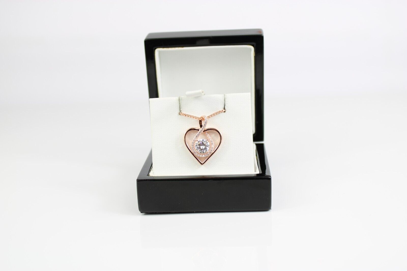 ROSE GOLD FINISH Clear Heart Cut Infinity Swirl CD Necklace