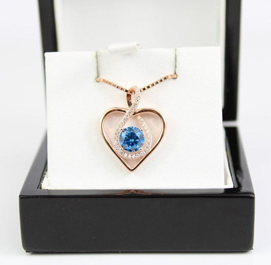 ROSE GOLD FINISH Blue Topaz Heart Cut Infinity Swirl CD Necklace