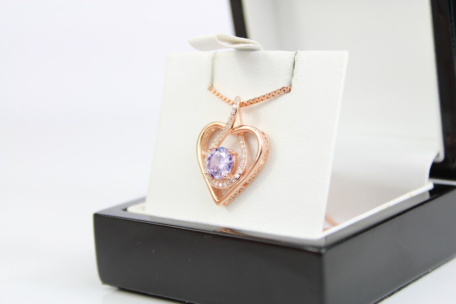 ROSE GOLD FINISH Purple Lavender Heart Cut Infinity Swirl CD Necklace