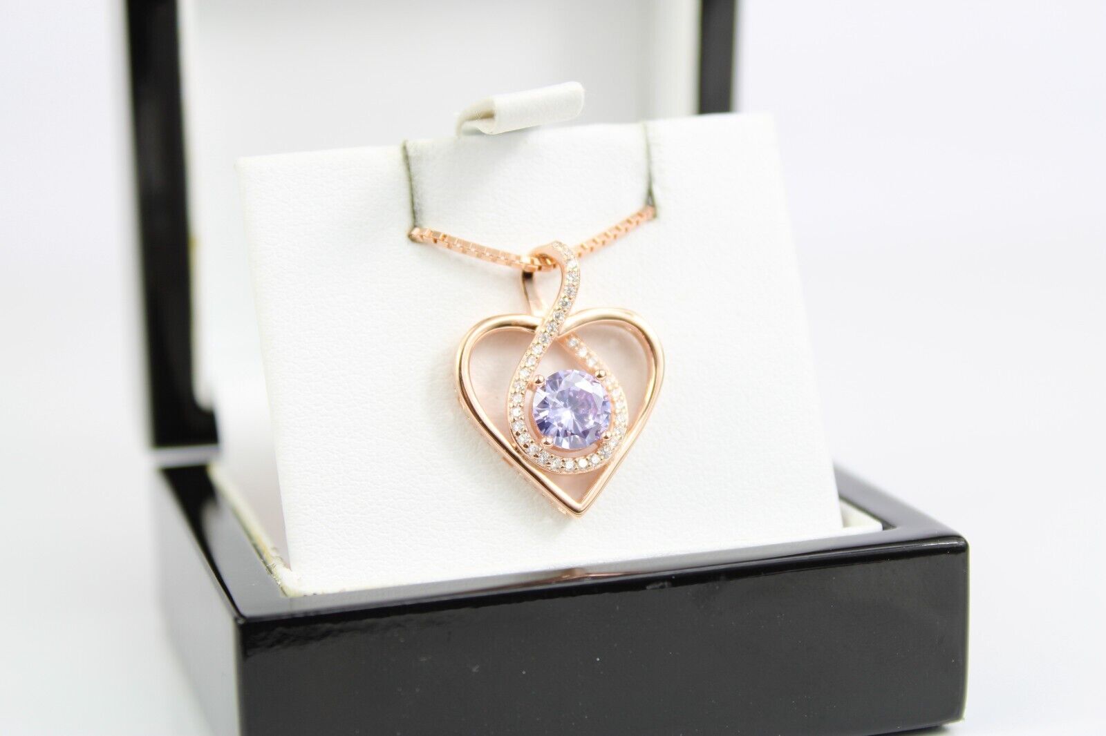 ROSE GOLD FINISH Purple Lavender Heart Cut Infinity Swirl CD Necklace