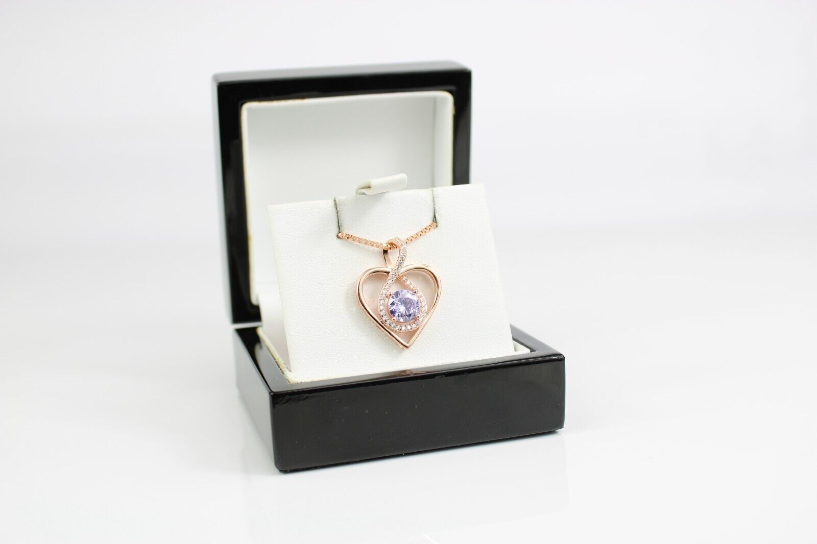 ROSE GOLD FINISH Purple Lavender Heart Cut Infinity Swirl CD Necklace