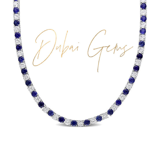 WHITE GOLD FINISH Round Cut Created Diamond and Blue Sapphire Necklace (17 INCH)