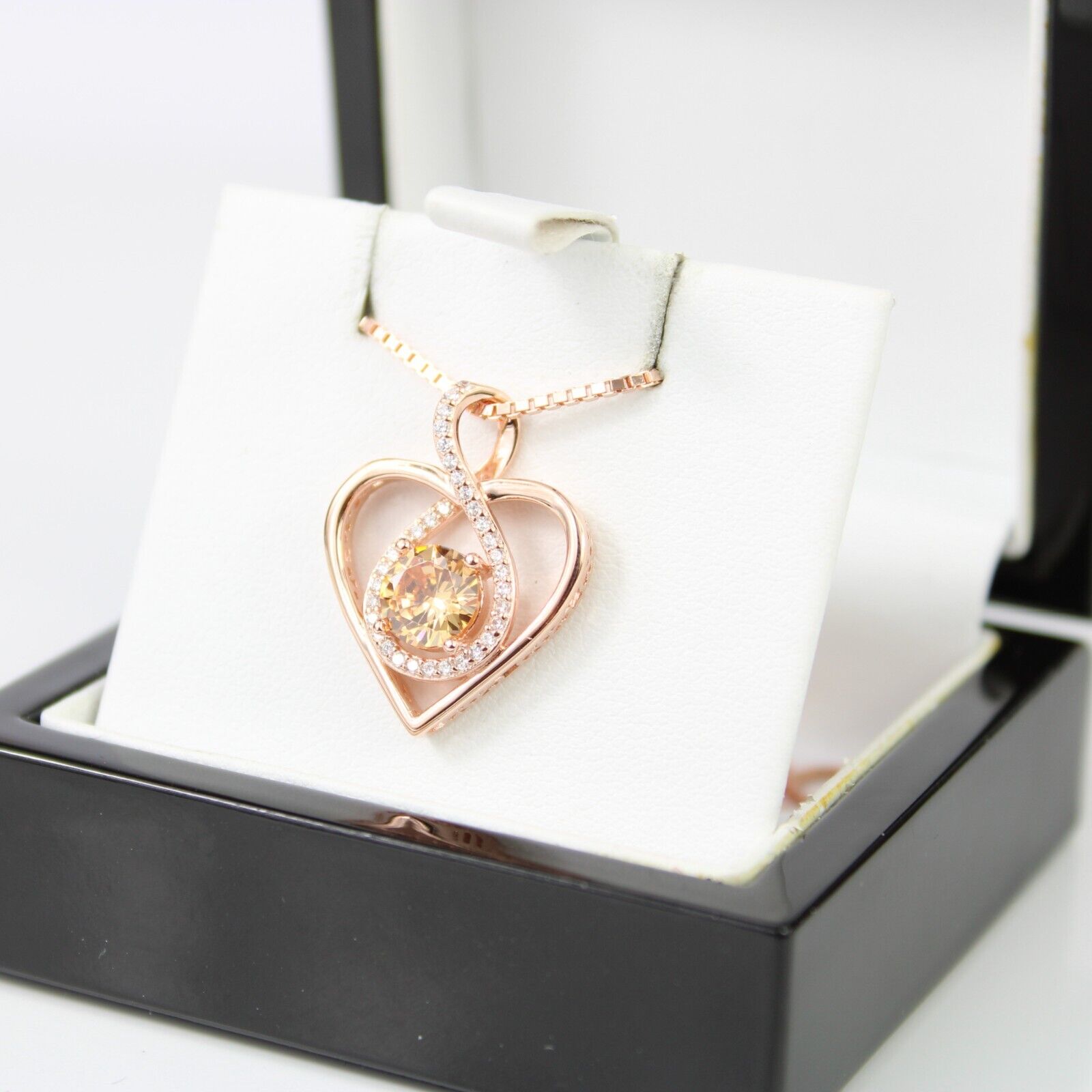 ROSE GOLD FINISH Yellow Citrine Heart Cut Infinity Swirl CD Necklace