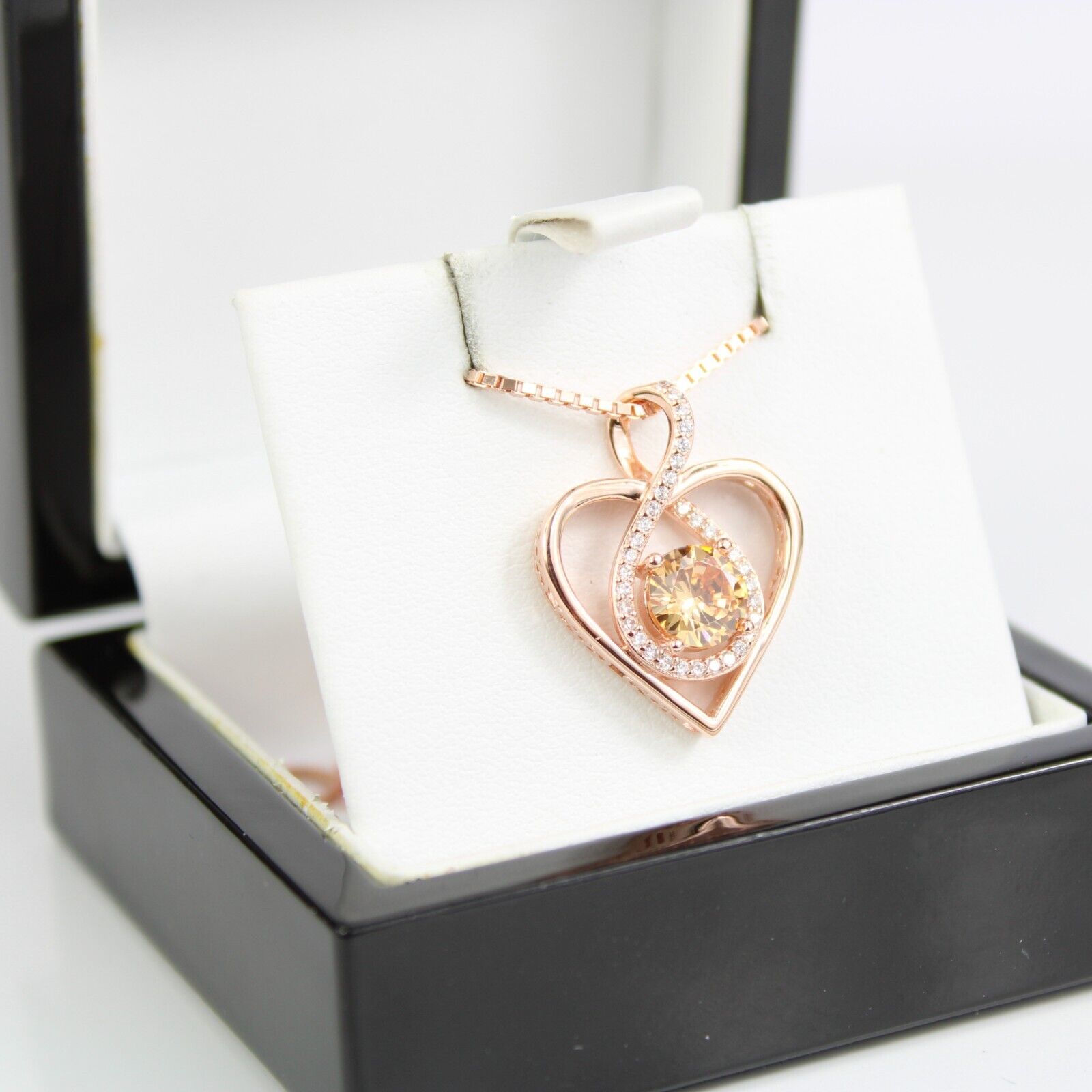 ROSE GOLD FINISH Yellow Citrine Heart Cut Infinity Swirl CD Necklace