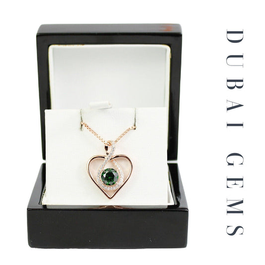 ROSE GOLD FINISH Green Emerald Heart Cut Infinity Swirl CD Necklace