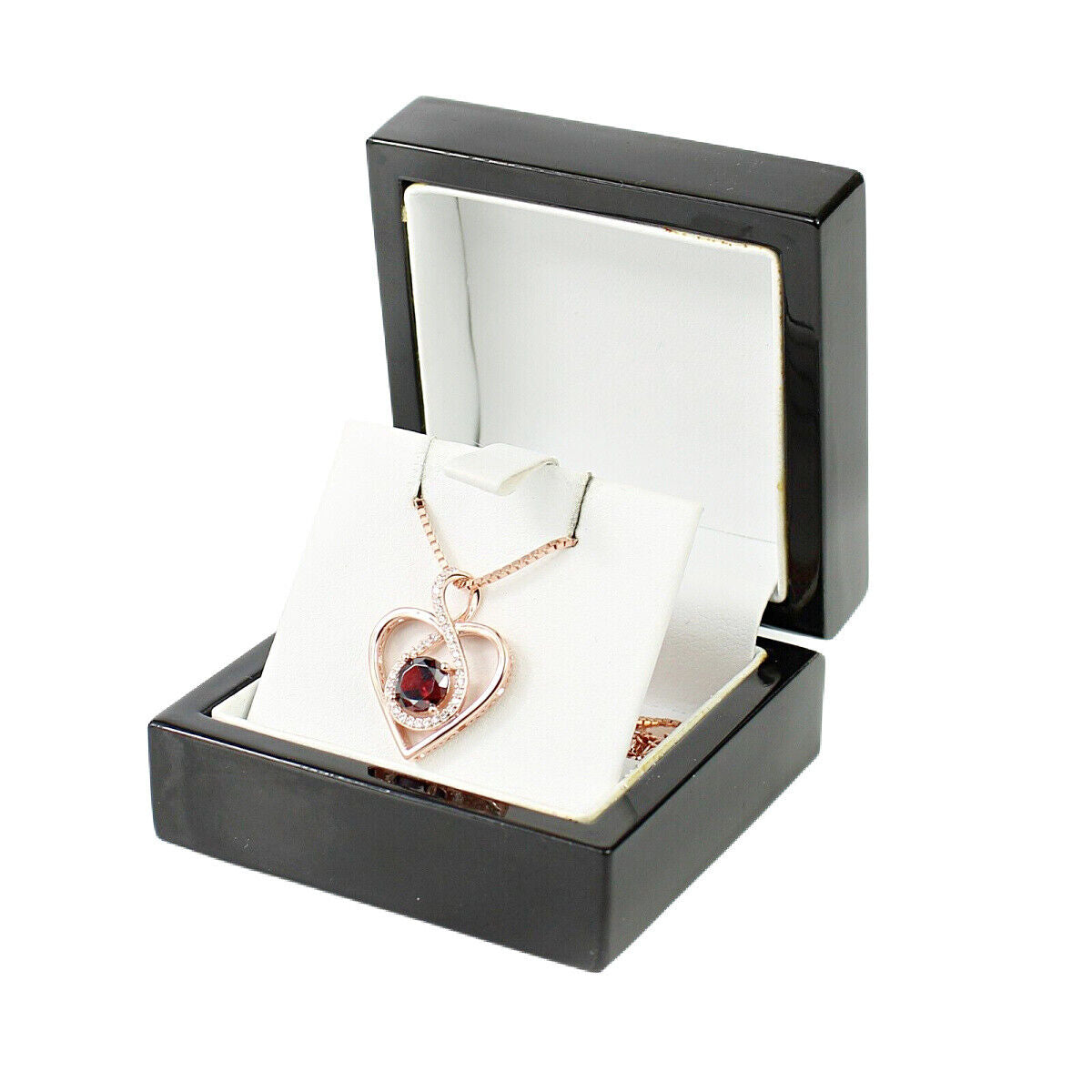 ROSE GOLD FINISH Red Garnet Heart Cut Infinity Swirl Round Cut CD Necklace