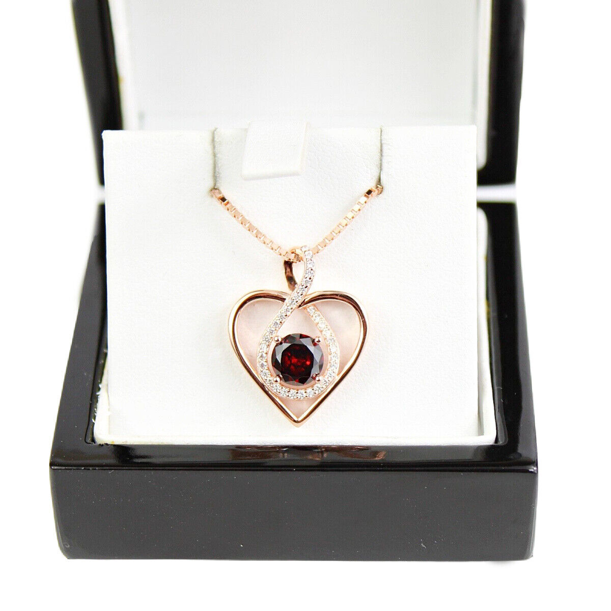 ROSE GOLD FINISH Red Garnet Heart Cut Infinity Swirl Round Cut CD Necklace