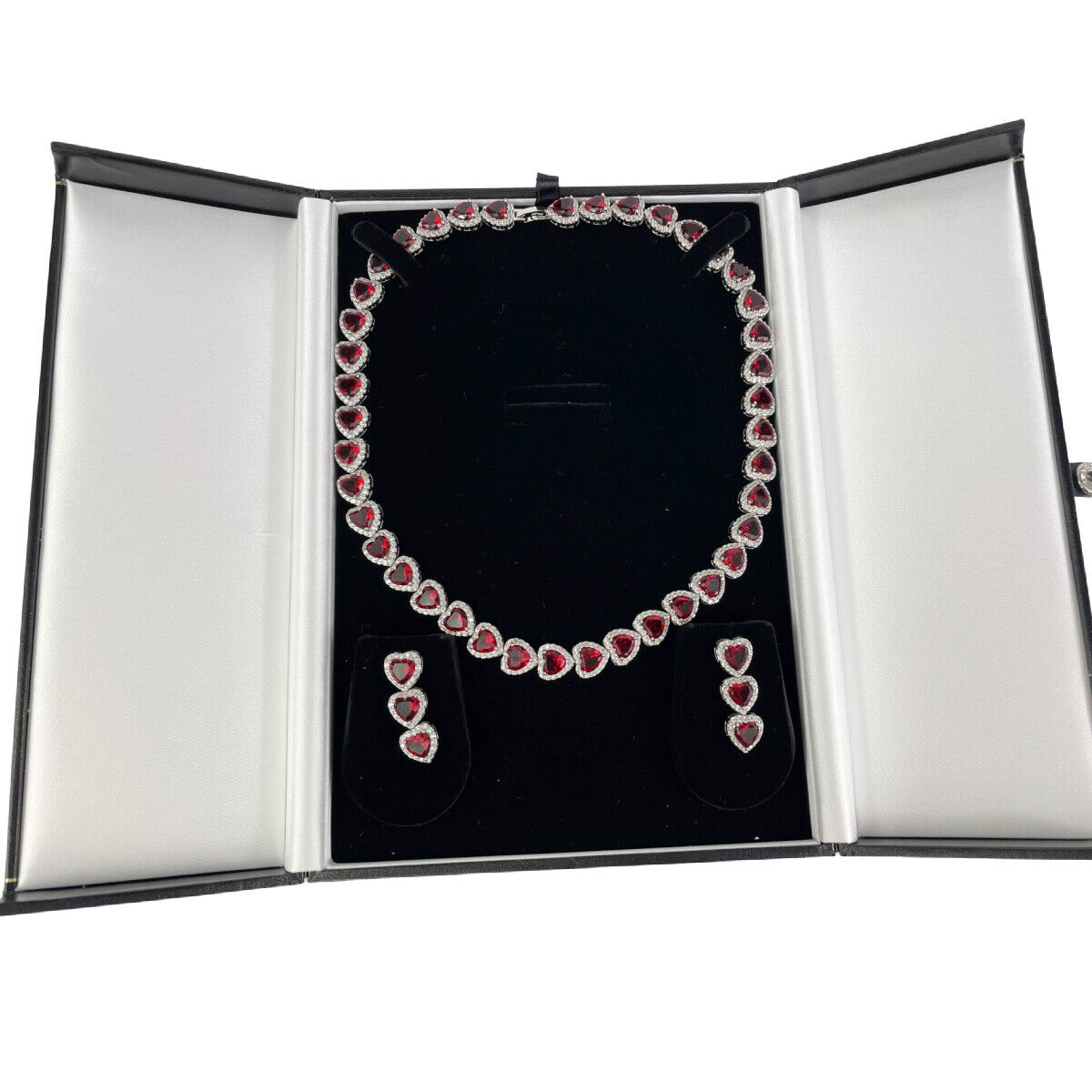 Heart Cut Red Ruby Created Diamonds Necklace and Earrings with Free Gift Box