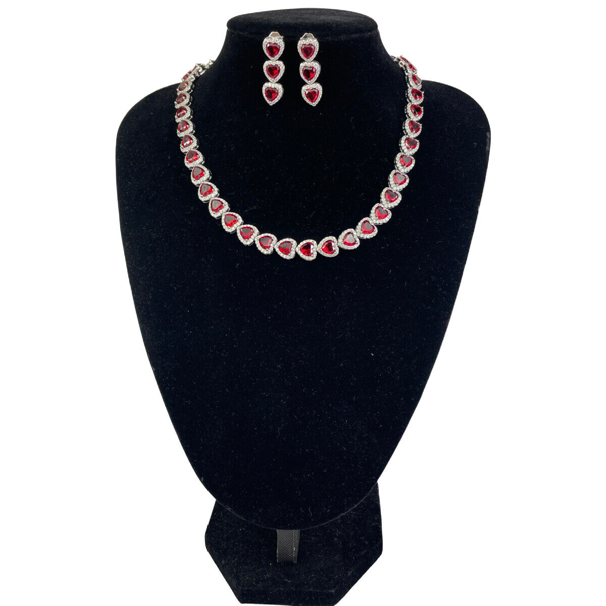 Heart Cut Red Ruby Created Diamonds Necklace and Earrings with Free Gift Box