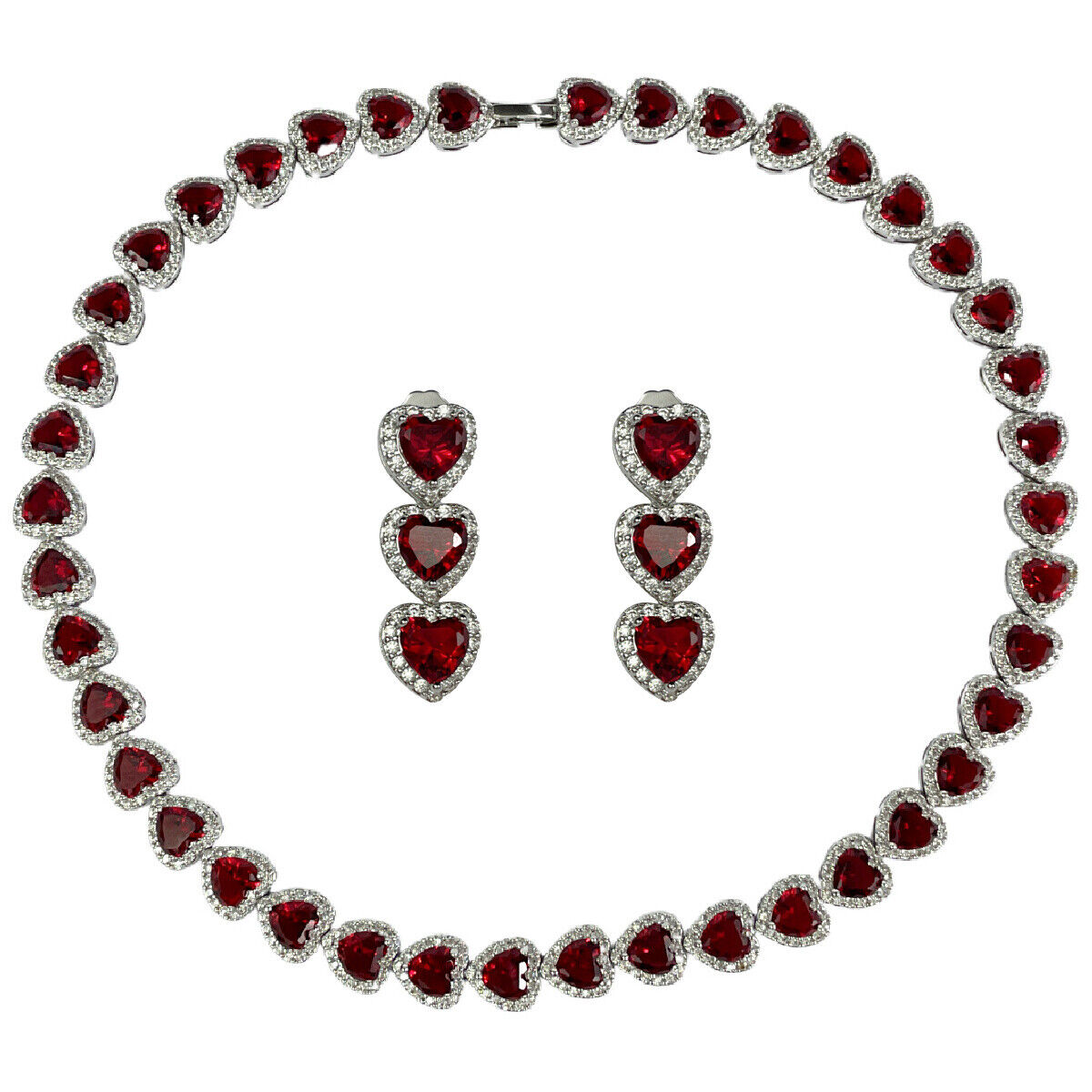 Heart Cut Red Ruby Created Diamonds Necklace and Earrings with Free Gift Box