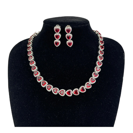 Heart Cut Red Ruby Created Diamonds Necklace and Earrings with Free Gift Box